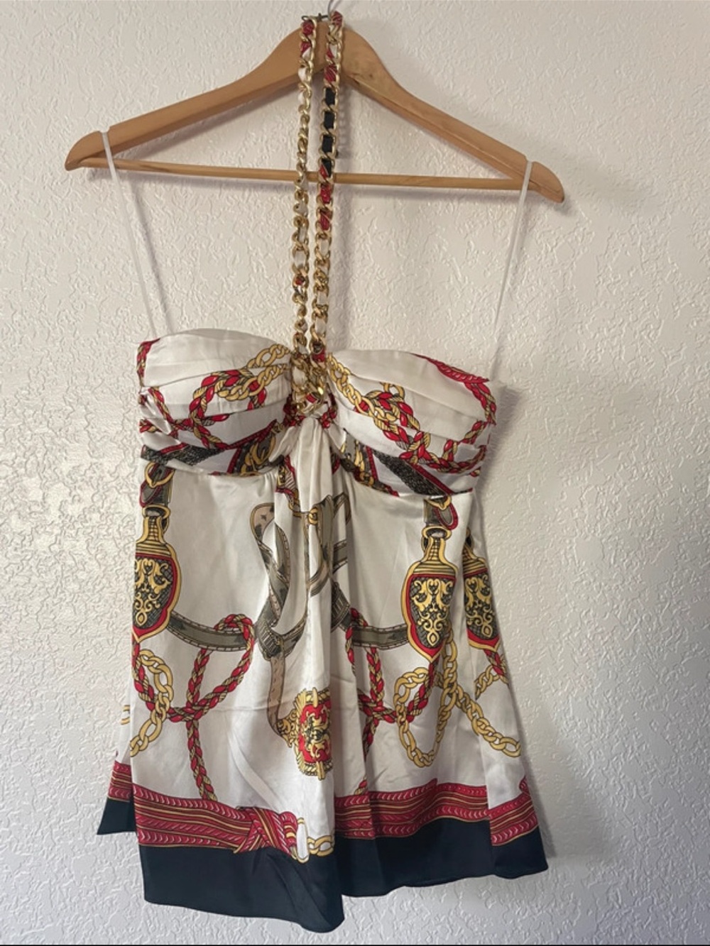 Cache silk White Chain-Print Strapless chain halter top